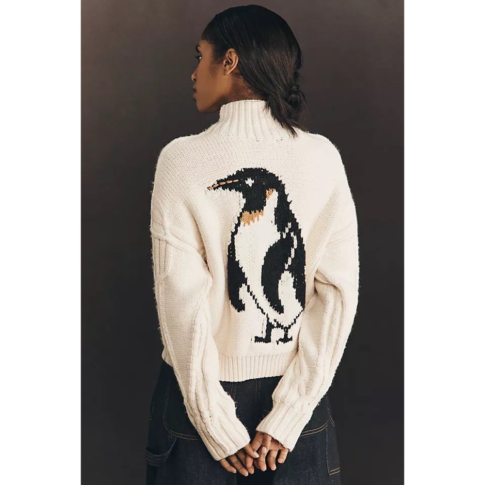 Pilcro Anthropologie Penguin Cable Knit Full Zip Sweater Cream Large Mock Neck